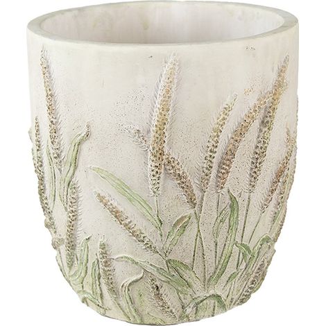 Cache-pot en Pierre Beige et Vert Motif Épis de Blé 16x17 cm pour Intérieur Style Campagnard - PANGIVO