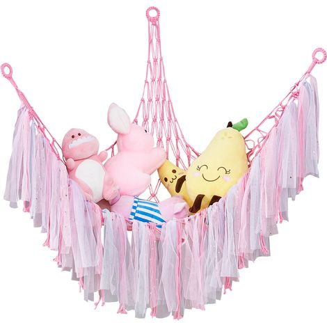 Amaca per giocattoli - Borsa a rete - Rosa - Amache - Borsa portaoggetti per animali di peluche - Borsa portaoggetti per giocattoli, amache e accessori - Corda di cotone intrecciata - 107 x 107 x 140 