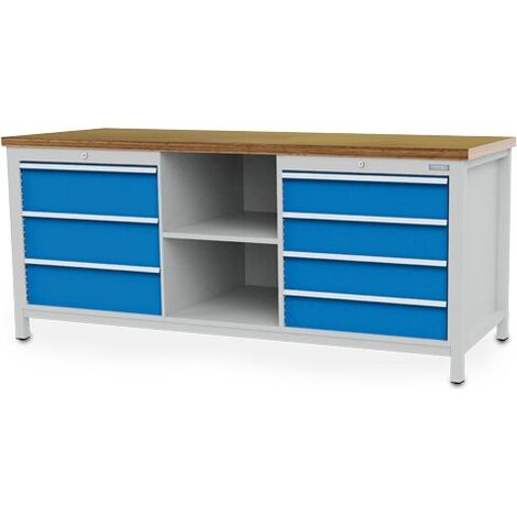 Kastenwerkbank Breite 2000 mm, R24-24, 7 x Schublade, 2 x Fach, Rückwand Maße in mm (BxTxH): 2000 x 750 x 959 (1/4)