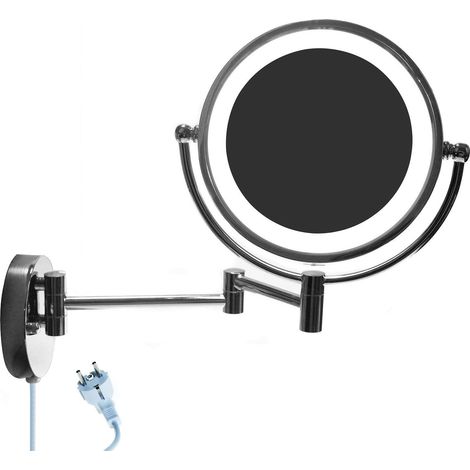 8,5 Pouces LED Miroir Cosmétique Mural Grossissant x10 Lumineux Extension Pliant, Fixation Murale avec Vis - Métal Chromé - Double Face - 360 Degrés Rotation, KXD3132-10x (1/5)