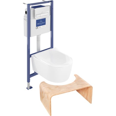 Pack WC sans bride VILLEROY ET BOCH Avento + Bâti support + abattant frein de chute + plaque chromée  + Tabouret bois