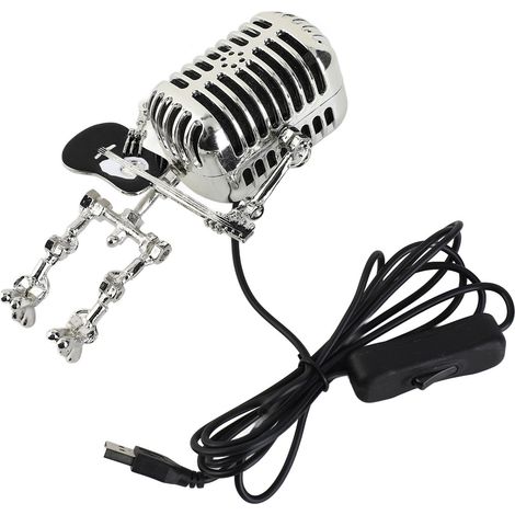 Lampe de table rétro micro guitare robot en aluminium métal noir USB veilleuse chambre bureau déco maison (1/5)