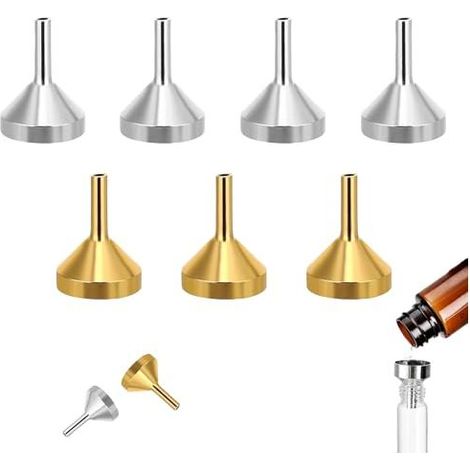Set di 7 mini imbuti in metallo - Piccoli imbuti per travasare e riempire liquidi, profumi, oli essenziali (oro-argento-2) (1/5)