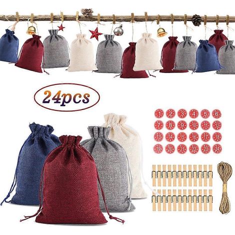 Sonderangebot Weihnachtsgeschenktüten, Zuckerwatte-Muster, 124 Leinenbeutel, Adventskalender, Heimdeko, mehrfarbige Weihnachtsdekoration (1/2)