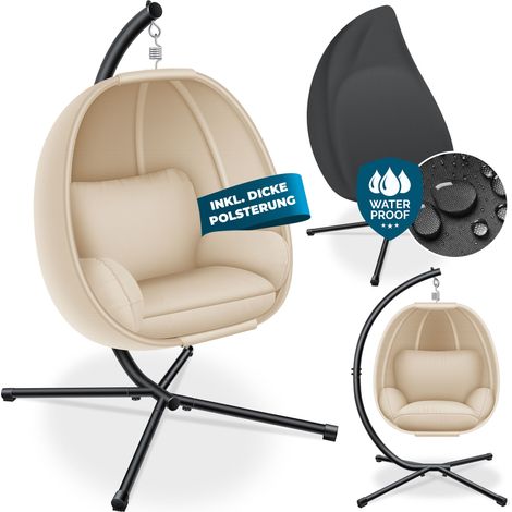 KESSER® Luxe silla colgante con estructura + cojín de asiento blando acolchado lateral cojín de asiento y respaldo cesta colgante para interior y exterior cesta columpio de jardín beige (1/5)