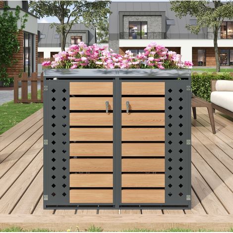 Cobertizo exterior para cubos de basura 132x80x124,5 cm acero gris/madera FloraGrace (1/5)