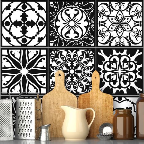 Sticker Mural Carrelage adhésif Cuisine Salle de Bain - 9 STICKERS CARRELAGES AZULEJOS BAROQUE NUANCE BLANC ET NOIR - 9stickers10x10cm (1/5)