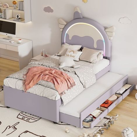 Lit Gigogne 90 x 200 cm confort enfant Lit Gigogne Enfant forme licorne lit roulant matière PU violet (1/5)