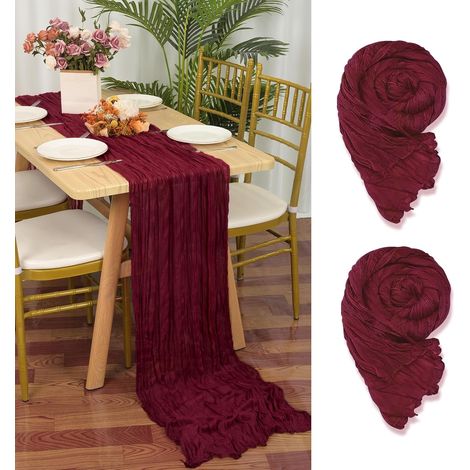 Lot de 2 chemins de table en gaze bourguignonne, 55x300 cm, tissu rustique rouge vin pour mariage. (1/5)