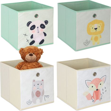 Relaxdays Set 4 cajas infantiles plegables, motivos animales, para estanterías modulares, 30x30x30 cm, tela, multicolor