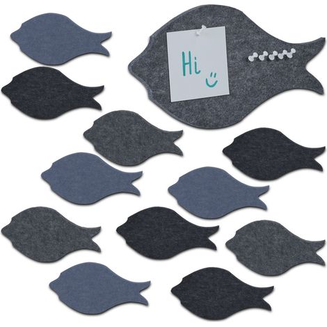 Relaxdays Felt Pin Boards, Set of 12, Adhesive, Fish Design, 16 x 30 x 0.9 cm, Bulletin, Incl. Push Pins, Multicoloured (1/5)