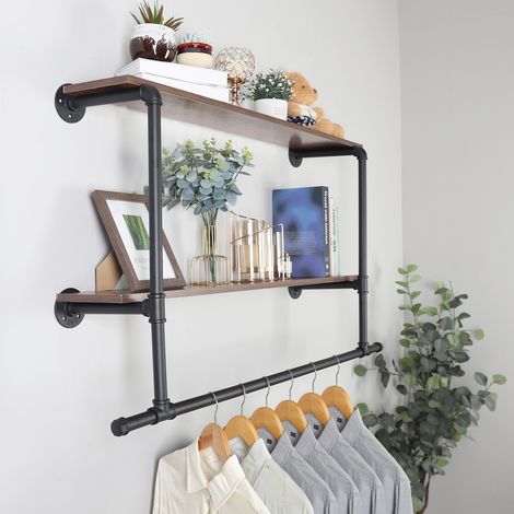 2-tier Industrial Metal Pipe Wall Wood Shelf, Black Brown (1/5)