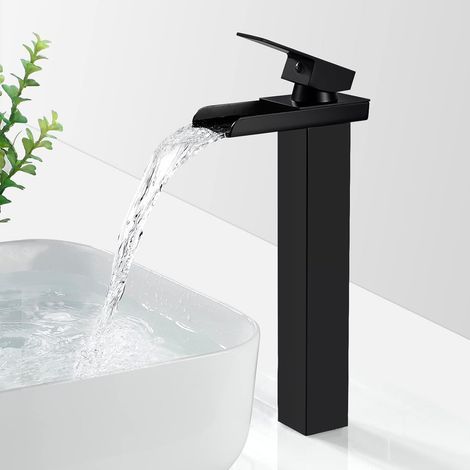 Grifo de baño tipo cascada negro mate, grifo mezclador de lavabo tipo cascada alto, grifo de lavabo con caño alto, grifo de lavabo cuadrado de latón para encimera, agua fría y caliente disponible, G 3 (1/5)