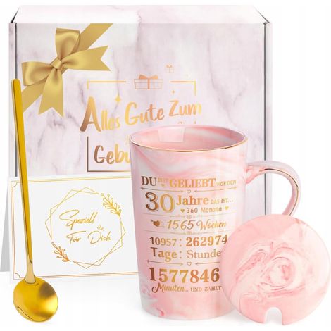 Keramikbecher mit Löffel, 350 ml – Geschenk zum 30. Geburtstag für Frauen, rosa, deutsch (1/3)