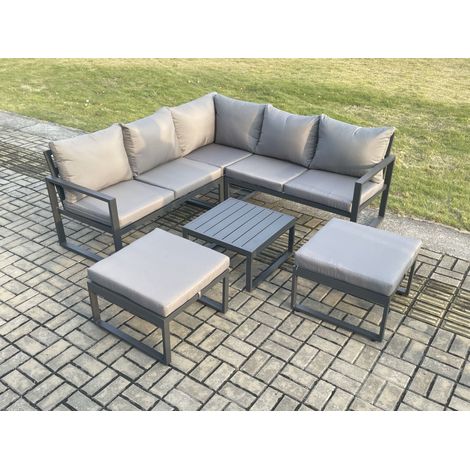 Fimous Outdoor Garden Furniture Set Aluminium Lounge Sofa Square Coffee Table Sets with 2 Big Footstool Indoor Conservatory Set Dark Grey (1/5)