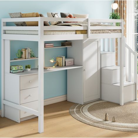 Lit superposé enfant 204x94x165 cm bois blanc avec bureau, gain de place, sans matelas – MEUBLIV (1/5)