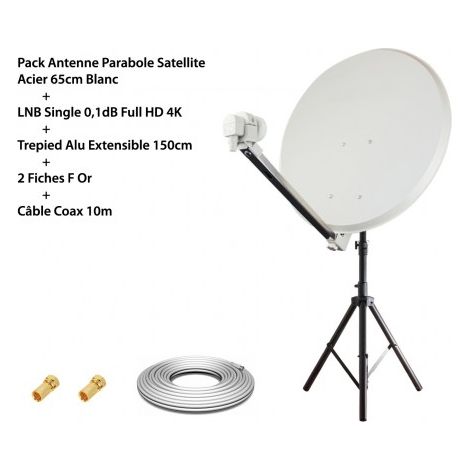 Pack Antenne Parabole Satellite Acier 65cm Blanc HD4K + LNB Single 0,1dB Full HD 4K + Trépied Alu Extensible 150cm + 2 Fiches F Or + Câble Coax 10m (1/5)