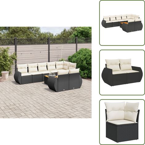 9-tlg. Garten-Sofagarnitur mit Kissen Schwarz Poly Rattan - Gartensorte - Gartenmöbelset - Esstischgarnitur - Outdoor Möbel - Lounge Set (1/5)