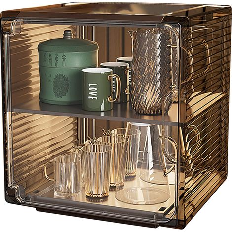 Porte-bouteilles acrylique robuste anti-poussière facile à nettoyer pour rangement bouteilles d'eau sur placard bureau moyen 2 niveaux marron (1/4)