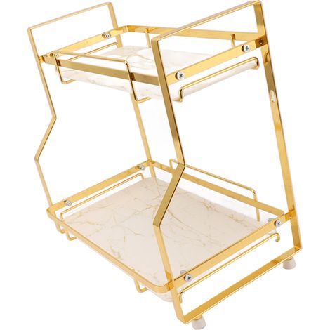 Étagère de rangement murale d'angle pour salle de bain, salon, chambre, cuisine, blanche et dorée, 2 niveaux (1/5)