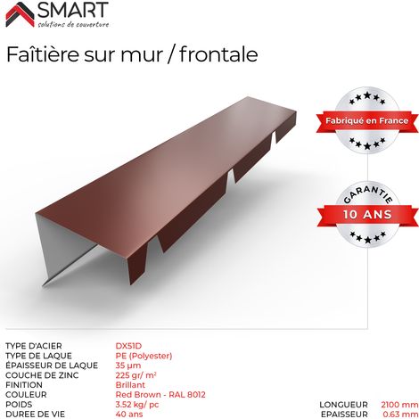 Faitière sur mur crantée TR45 - bac acier - tôle de couverture - Toiture - Coloris Brun Rouge Terracotta RAL 8012 L=2.10m, épaisseur 0.63mm (1/2)