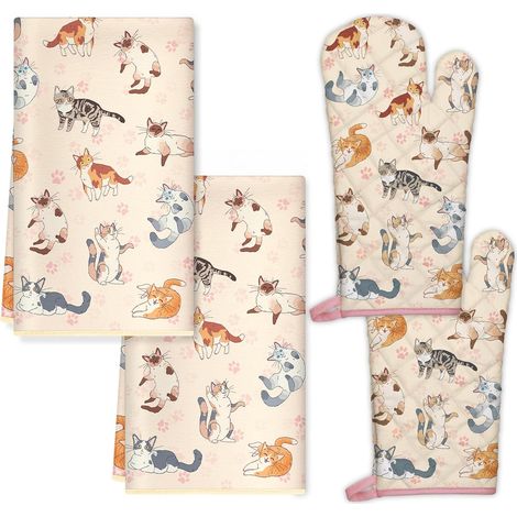 Lot de 4 Chats Gants et maniques en Coton Résistant à Chaleur, Torchon Cuisine en Polyester Absorbant pour la Cuisson du Barbecue Cadeaux pour Les Amoureux des Chats (1/5)