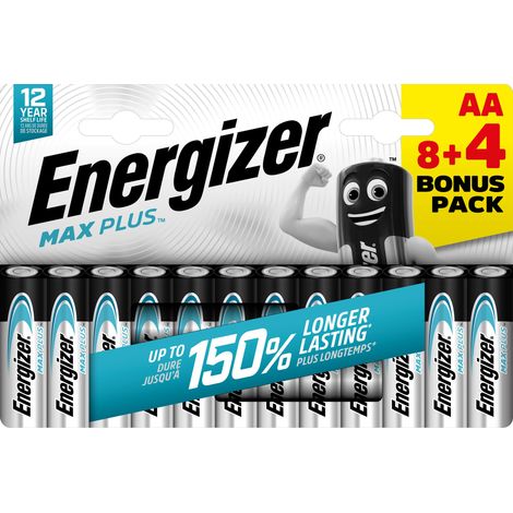 Pilas Max Plus Pilas Alcalinas AA 1,5V Pack 12 Unidades (8+4)  Más Potencia y Larga Duración  Conserva la Energía Hasta 12 Años