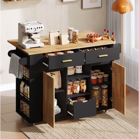 Mueble de cocina móvil con tablero abatible, 3 cajones, 3 especieros, negro HAVRYA (1/5)