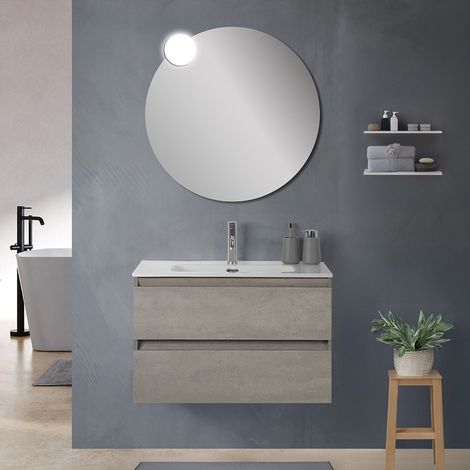 Mobile bagno sospeso 100 cm in legno grigio cemento 2 cassettoni con lavabo Leda (1/5)