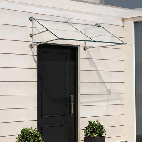 Auvent de porte en verre trempé et inox 200 x 90 cm transparent (1/5)