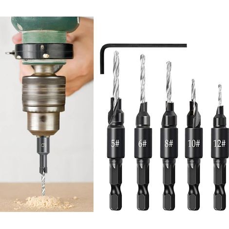 Set mit 5 schnellverstellbaren, konischen Sechskant-Bohrern mit Sechskantschaft für die Holzbearbeitung inklusive Sechskantschlüssel (5, 6, 8, 10, 12), 5-teiliges Set mit Werkzeugen für Holzschraubenl