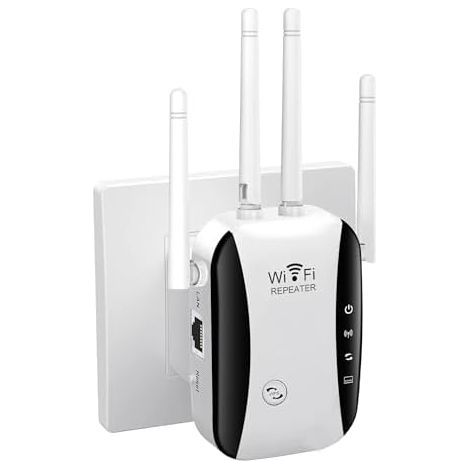 Powerful 300Mbps WiFi Repeater, 2.4GHz WiFi Amplifier with WPS, 4 Antennas, 1 LAN Port, Compatible with All Internet Boxes, Coverage up to 300m², 50 Devices (1/5)