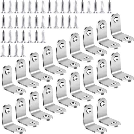 20 équerres de fixation à angle droit (90°) en acier inoxydable, avec 80 vis, pour meubles (table, chaise, étagère), couleur argent.