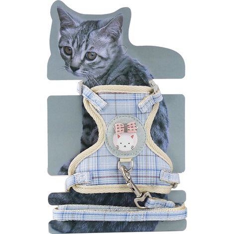 Harnais Chat,Laisse Chat, Harnais Chaton, Gilet Chat avec Laisse, Suitable for 3-7 kg(Blue Plaid, 1.0cm ) (1/5)