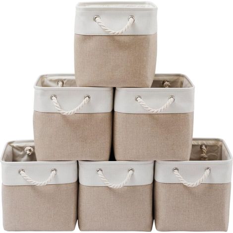 Set di 6 grandi scatole portaoggetti pieghevoli a forma di cubo in tessuto con corde, ideali per ufficio, armadio, vestiti e giocattoli (bianche e beige) (1/4)