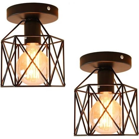 2pcs Creative Ceiling Light Fixture Industrial Iron Metal Ceiling Lamp Chandelier with Cube Cage Lampshade for Living Room Hallway Cafe Bar
