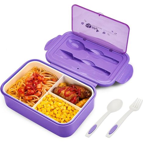 Brotdose Bento Box 3 Fächer Besteck auslaufsicher Violett (1/5)