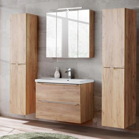 Badezimmermöbel Set mit 2x Hochschrank & LED-Spiegelschrank TOSKANA-56 Wotaneiche BxHxT ca. 190/190/46cm (1/5)