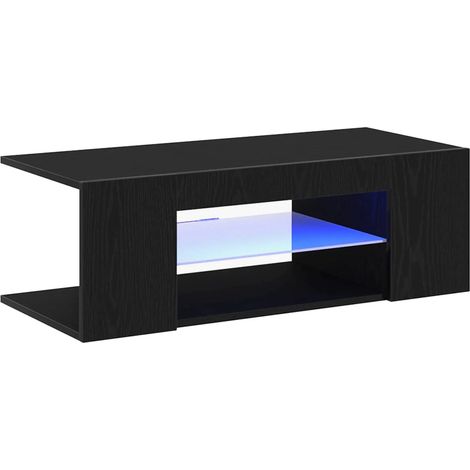 Meuble TV moderne 90 x 39 x 30 cm pratique avec bandes LED ambiance cosy en bois d'ingénierie chêne noir