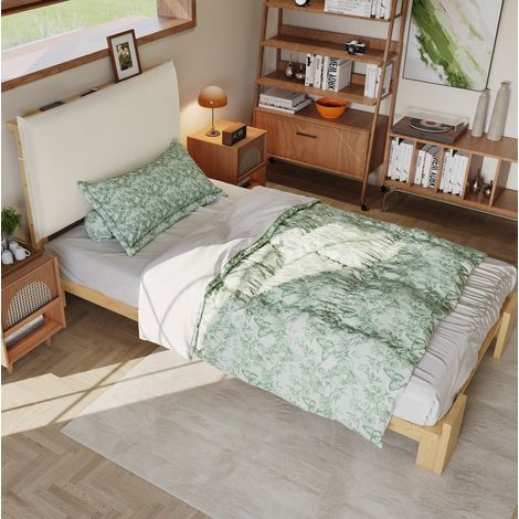 Cama individual tapizada 90/200 cm natural de madera y tela con respaldo acolchado (1/5)