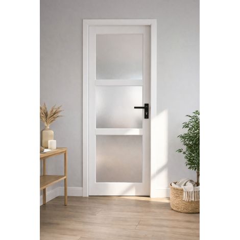 Blocco Porta Kenya Vetro Bianco H204 x L83 Pannello Ribs Spinta Sinistra + Maniglia