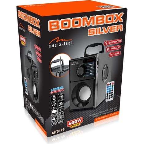 Altavoz Bluetooth compacto plateado con woofer integrado y 600 W de potencia. Radio FM, MP3. Bater铆a recargable integrada. Control remoto. (1/5)