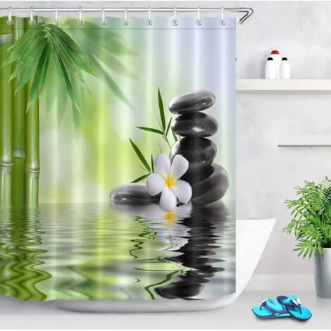 Rideau de douche spa avec crochets, 180 x 200 cm, pierres noires, orchidées, bambou, motif eau, tissu polyester lavable, résistant (1/5)