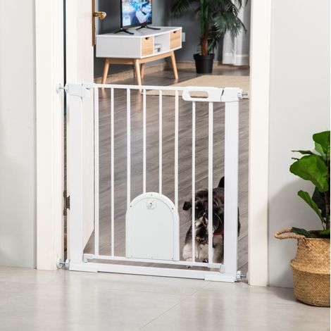 Barrière de sécurité pour animaux réglable avec petite porte, acier et ABS, blanche (1/5)