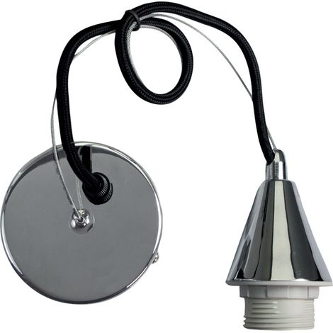 Monture suspension luminaire métal chromé, câble tissu noir, équipée douille métal chromé E27 + bague, 60W max - Tibelec (1/2)