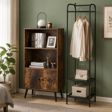 Set angolare in legno massello (2 pezzi) – Appendiabiti angolare nero e libreria vintage a 3 ripiani (1/5)