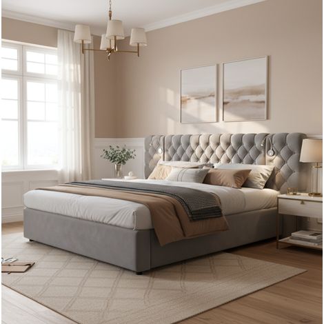 Letto imbottito 180x200 cm moderno in velluto grigio, con testiera ampia, vano contenitore idraulico, luce lettura e rete a doghe (1/5)