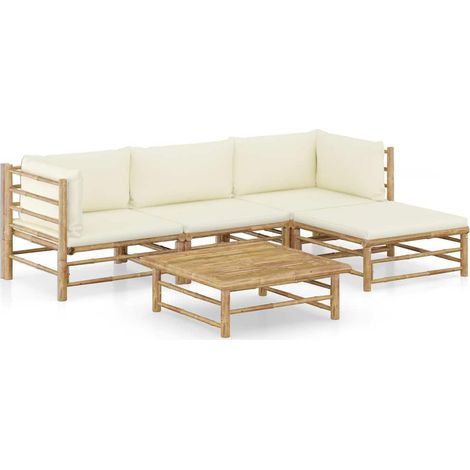 Salon de jardin 5 pcs Ensemble Table et Chaise de Jardin - avec coussins blanc crème Bambou BV699522 - BonneVie (1/5)