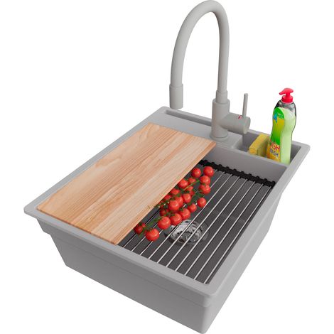 PRIMAGRAN Evier Cuisine en Granit 43x53cm,Lavabo 1 bac + Robinet 38x14cm + Kit de Vidage + Accessoires, Évier à Encastrer au meuble 45cm - Oslo Pocket, Gris (1/5)