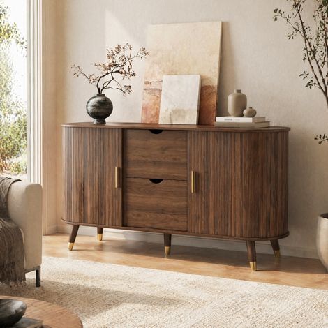 Credenza 140 x 40 x 79,5 cm con 2 porte scorrevoli e 2 cassetti, noce DESVIAE (1/5)